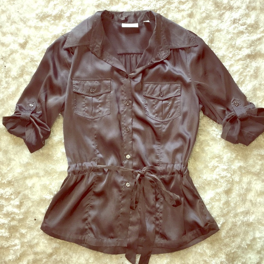 NY&C silky button down blouse with tie